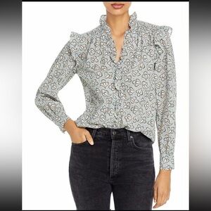 LA VIE Rebecca Taylor Blue Paisley Ruffle Cotton Blend Blouse Top Large